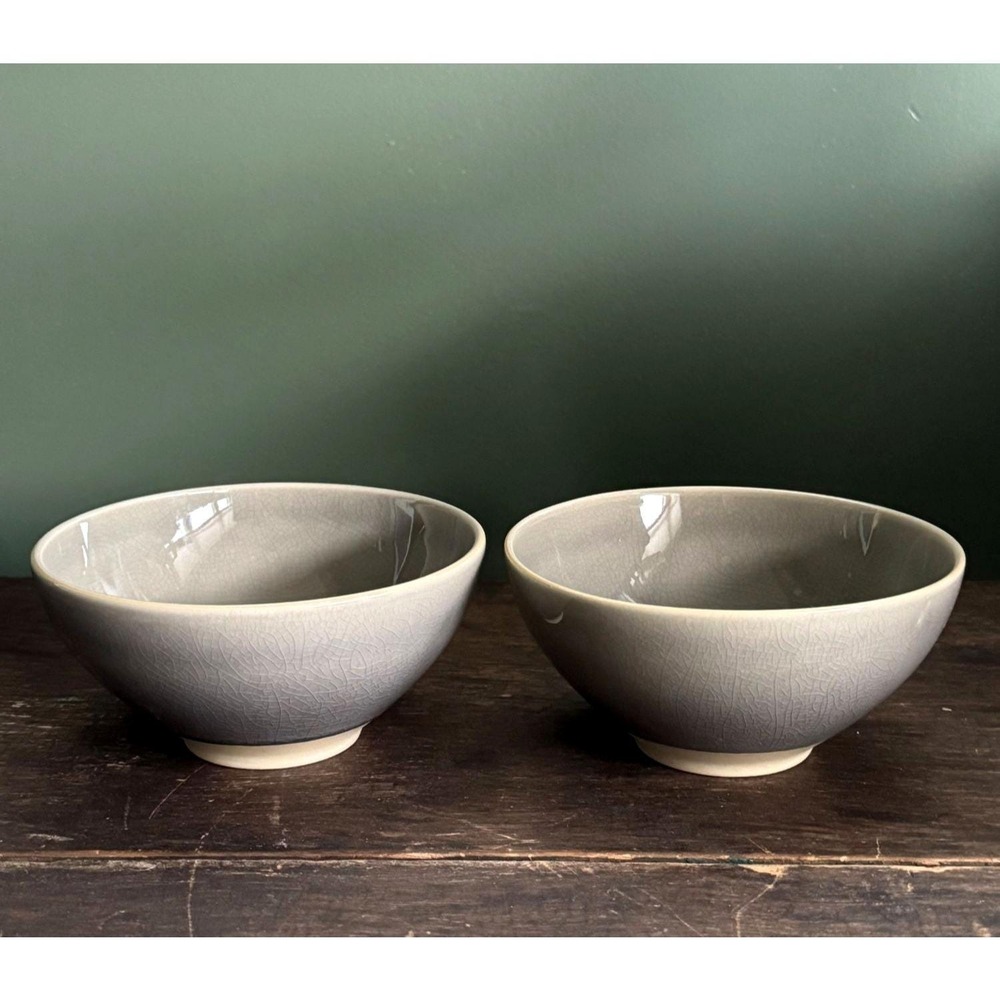 Pair of West Elm Reactive Glaze Crackle Gray Taupe 5.75" Bowls Portugal